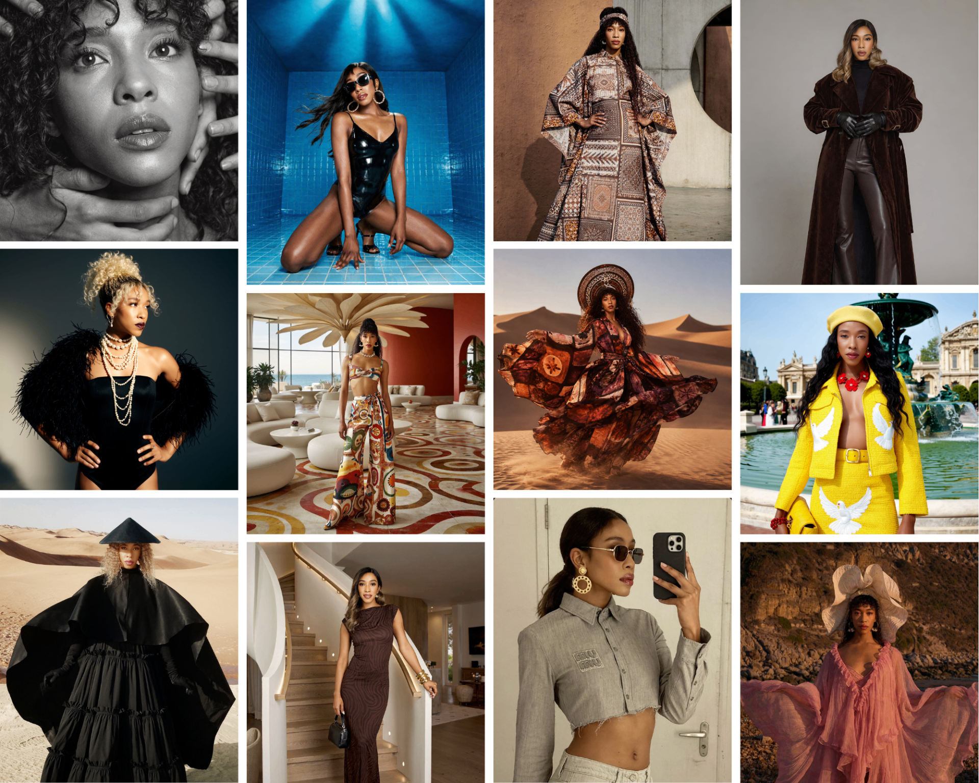 AI-generated fashion campaign collage featuring editorial portraits and styled looks