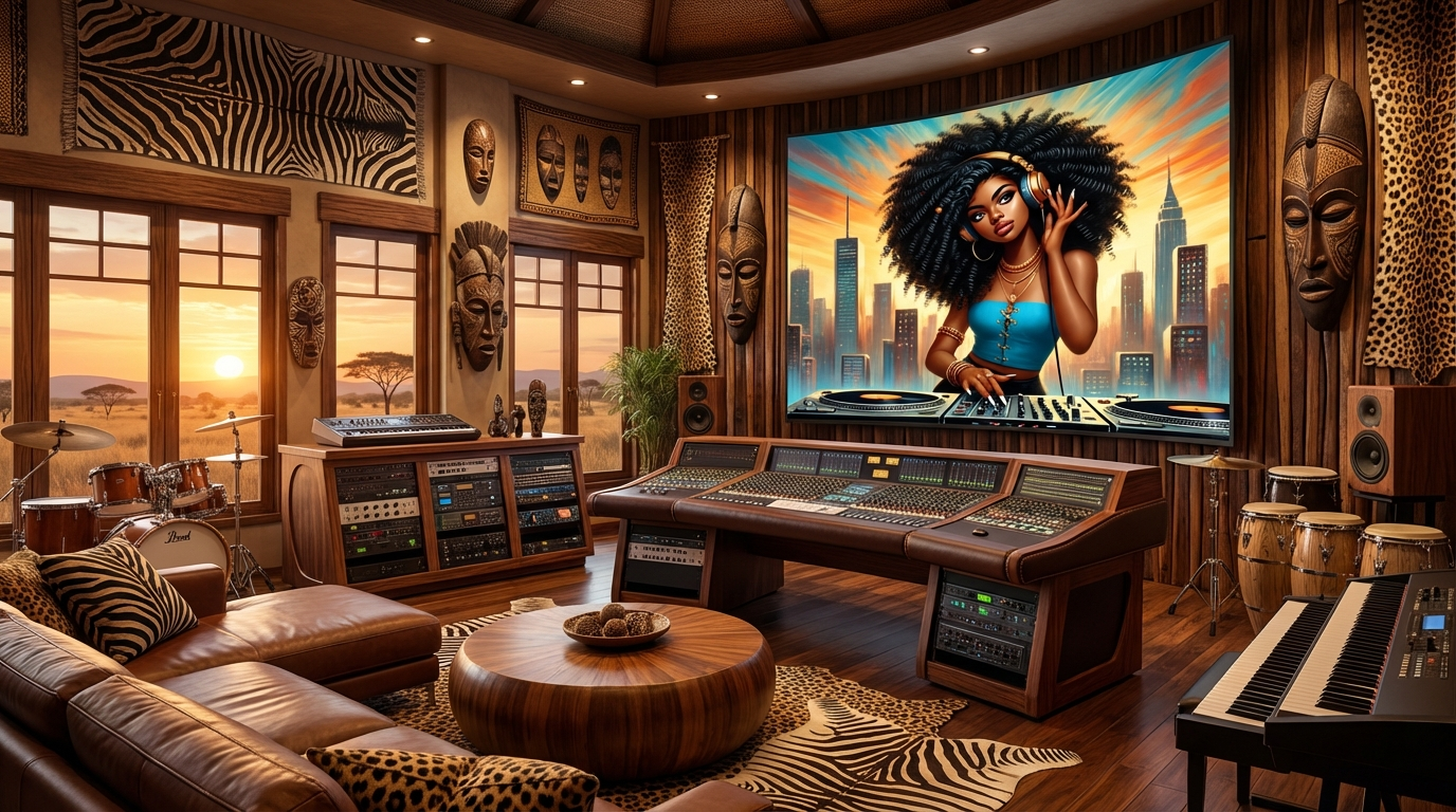 Pan-African future-culture studio interior with mixing desk, instruments and large screen featuring an afrofuturist DJ
