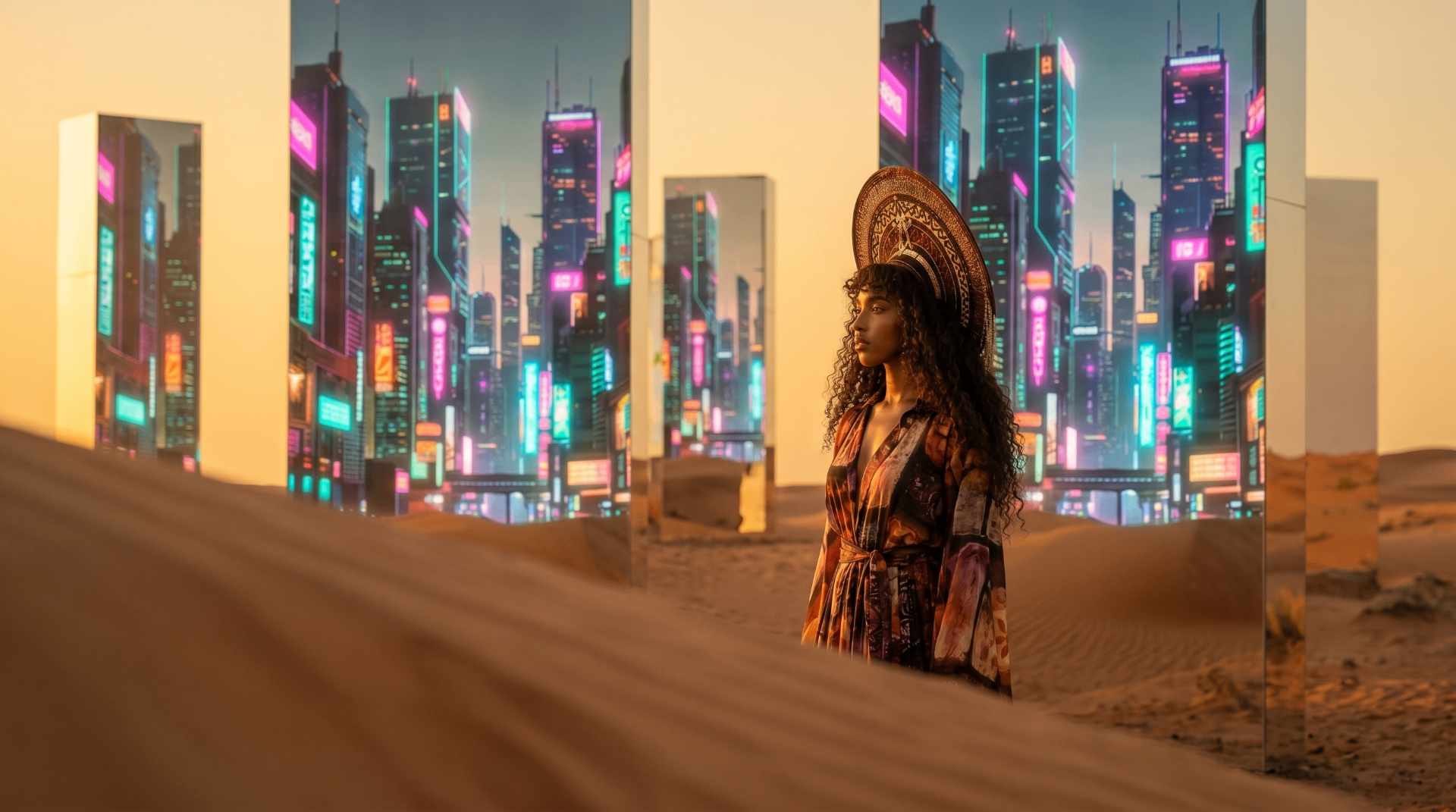 Afrofuturist figure among mirrored monoliths reflecting a neon cyberpunk city across desert dunes