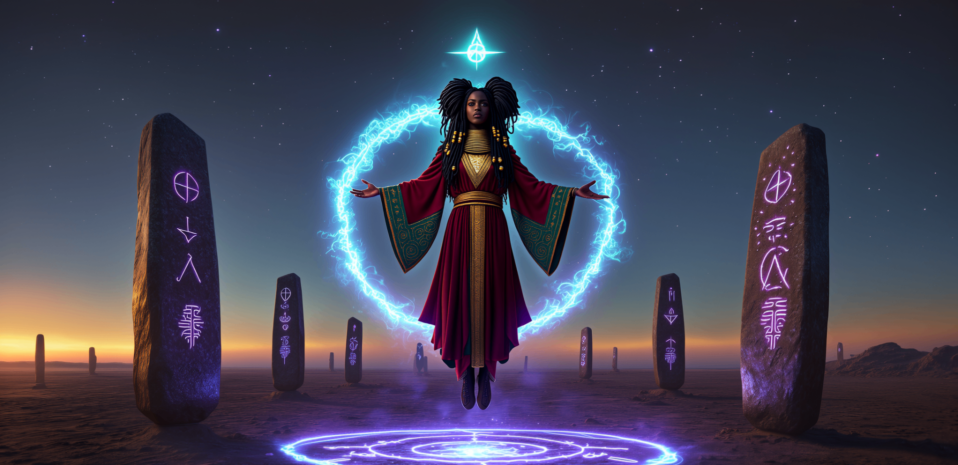 Levitating priestess figure inside a glowing rune circle in a desert at dusk