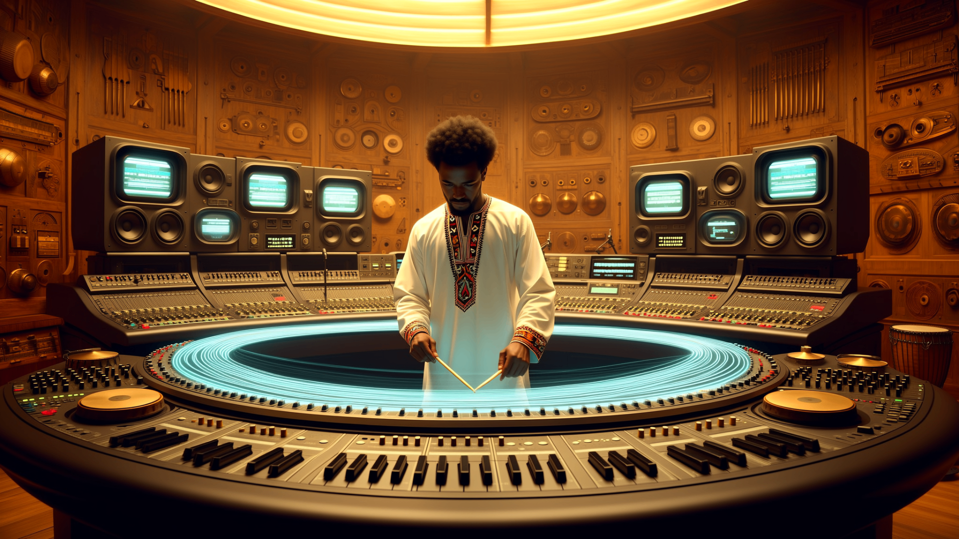 Future Kwaai founder Umlilo at a circular afrofuturist studio console